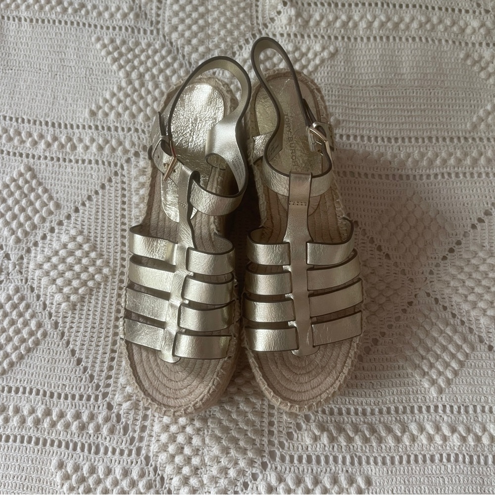 NWOT Tory Burch Fisherman Espadrille Wedge Gold Metallic Platform